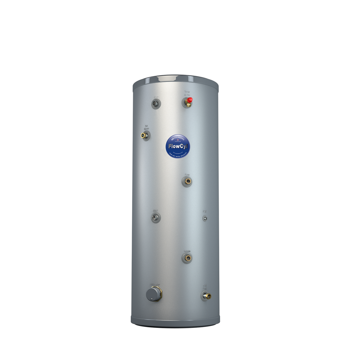 UK Cylinders FlowCyl heat pump cylinder (pre-plumbed pipework not shown)