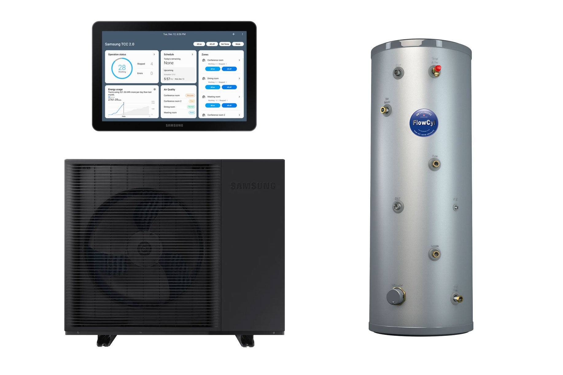 Samsung Mono 5kw A2W Inverter Heat Pump R290 1PH with Samsung Control Kit & FlowCyl Heatpump Unvented Hot Water Cylinder