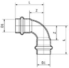 Conex Banninger MaxiPro 90° elbow dimension drawing (L and Z)