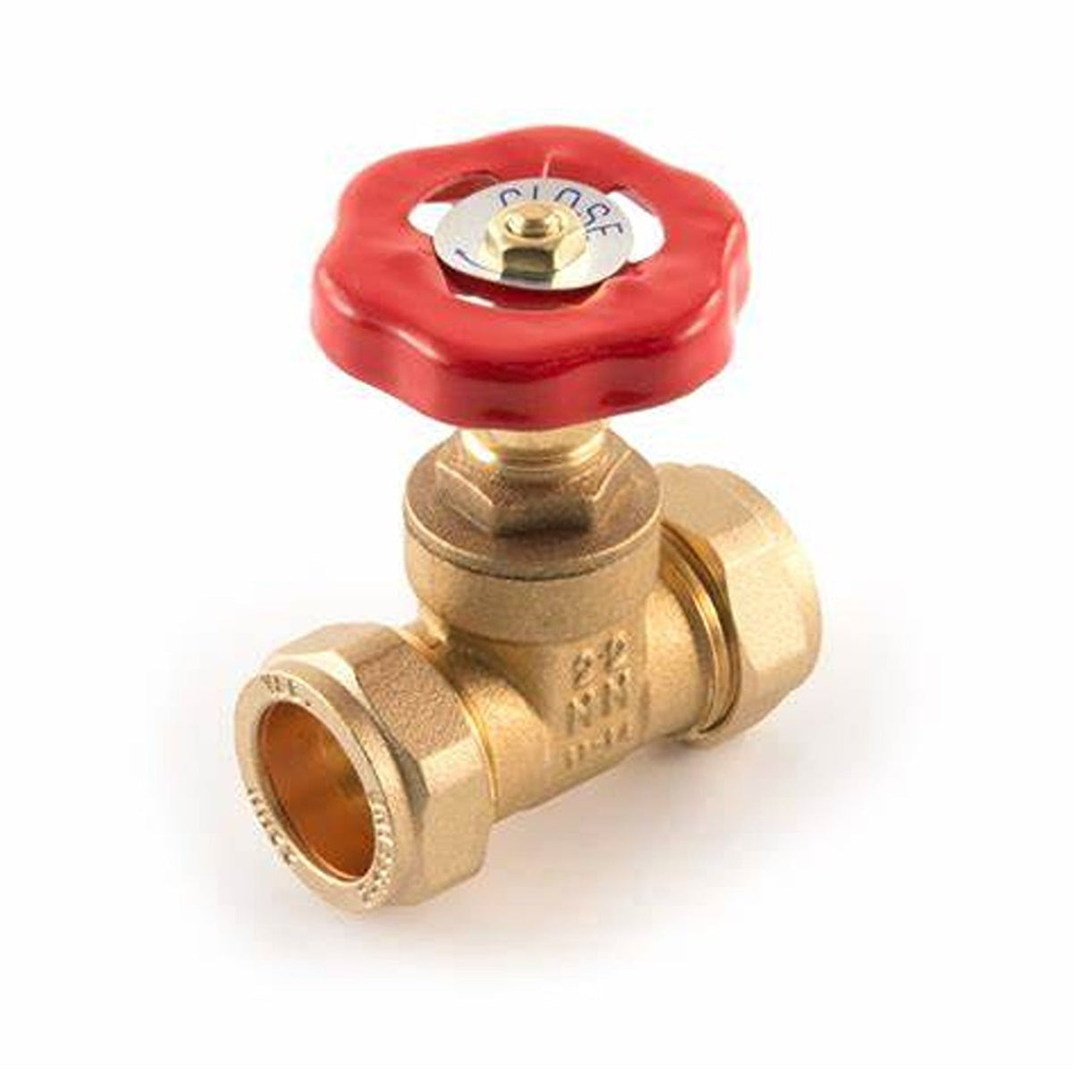 Brass gate valve with red wheelhead and compression connections