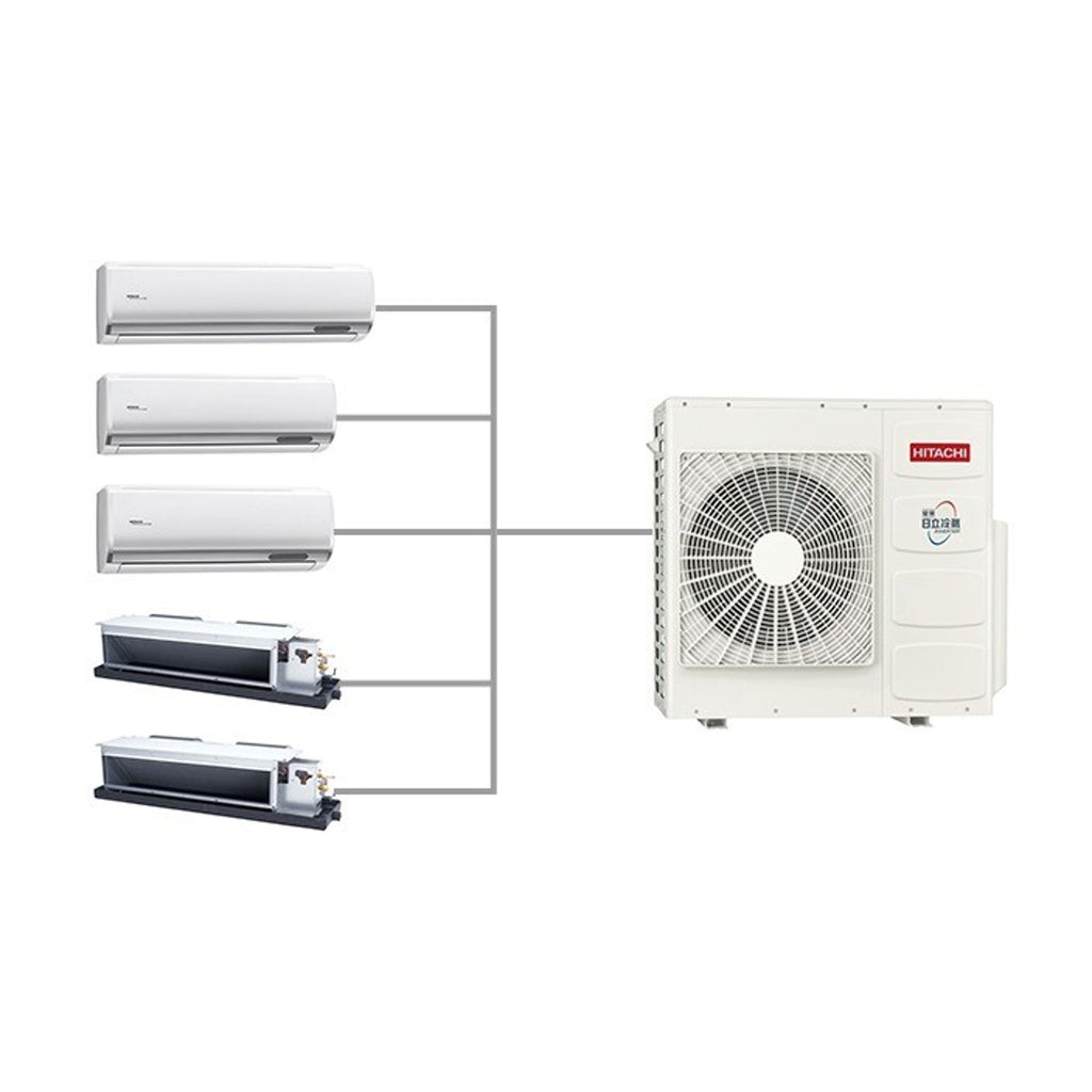Hitachi airHome Multi Pro outdoor unit connected to wall and ducted indoor units