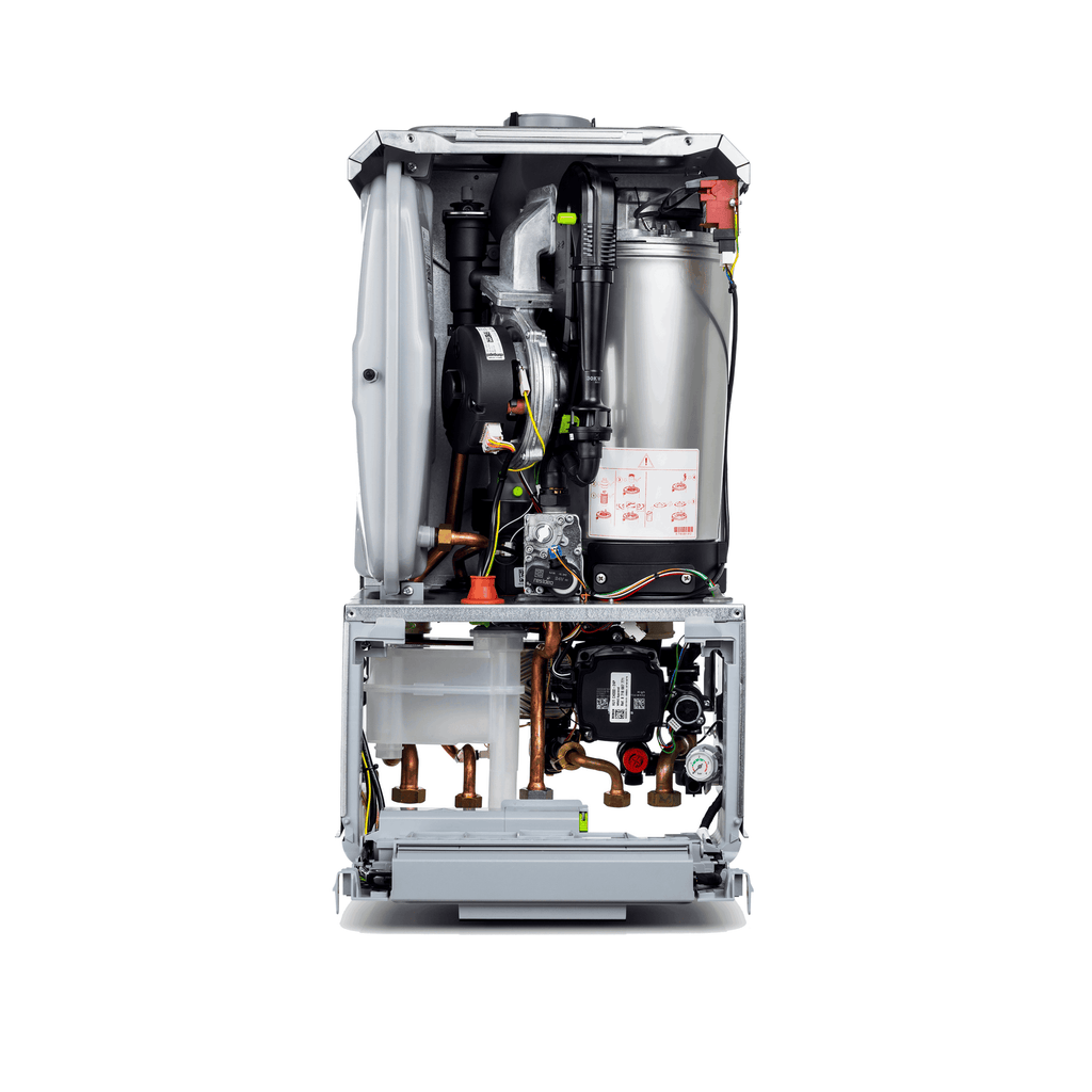 Worcester Bosch Greenstar 4000 combi boiler with front casing removed, showing heat exchanger and plate heat exchanger