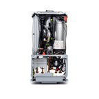 Worcester Bosch Greenstar 4000 combi boiler with front casing removed, showing heat exchanger and plate heat exchanger