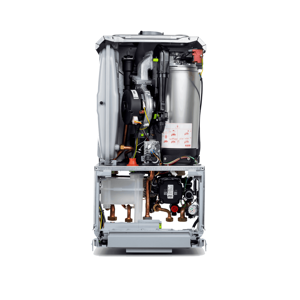 Worcester Bosch Greenstar 4000 combi boiler with front casing removed, showing heat exchanger and plate heat exchanger