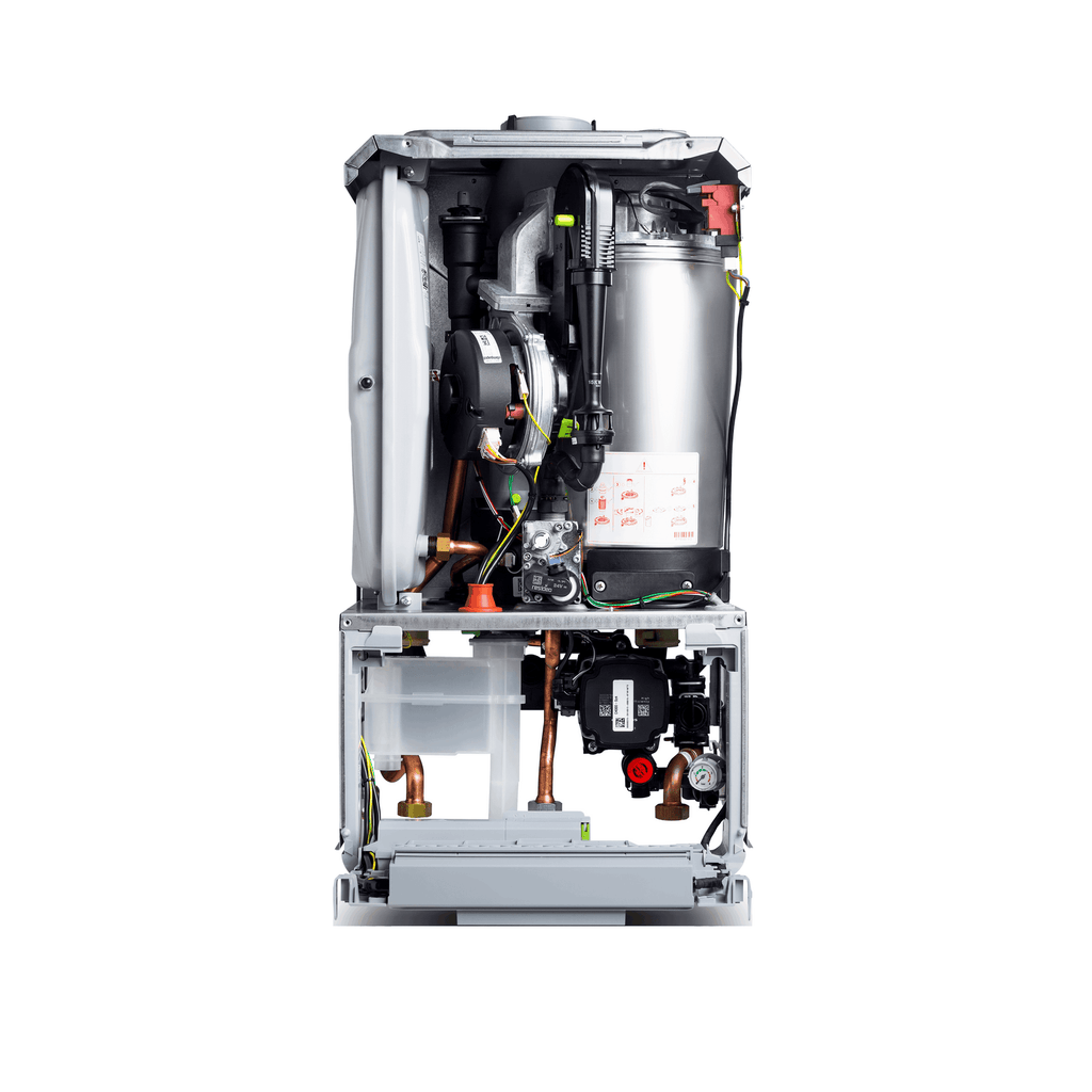 Worcester Bosch Greenstar 4000 System boiler with front casing removed, showing heat exchanger, pump and controls