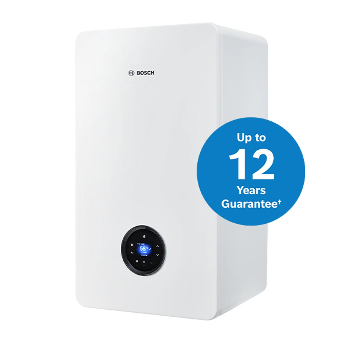 Worcester Bosch Greenstar 8000+ gas boiler in white, front three-quarter view