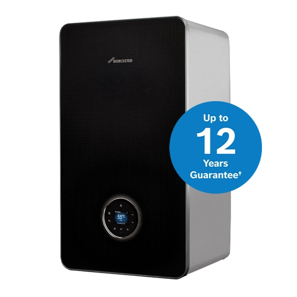 Worcester Bosch Greenstar 8000+ Style combi boiler in glossy black, front three-quarter view