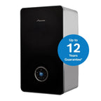 Worcester Bosch Greenstar 8000+ Style combi boiler in glossy black, front three-quarter view
