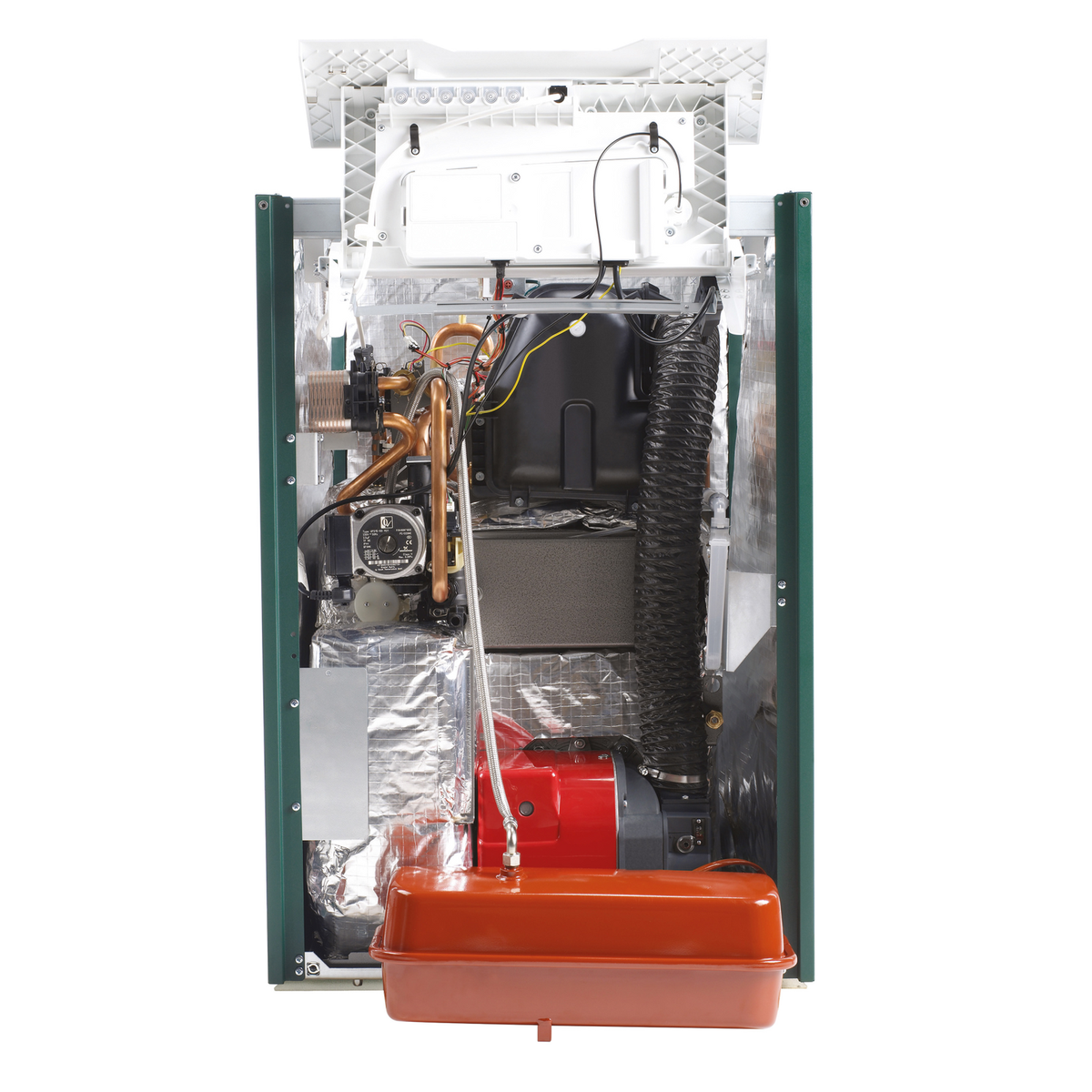 Worcester Bosch Greenstar Heatslave II External with cabinet open, showing burner and heat exchanger